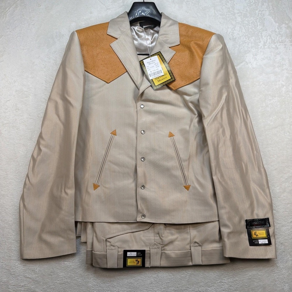 Vintage Western Cowboy Suit Pearl Snap Rodeo Rockabilly Stage Tan 44x36